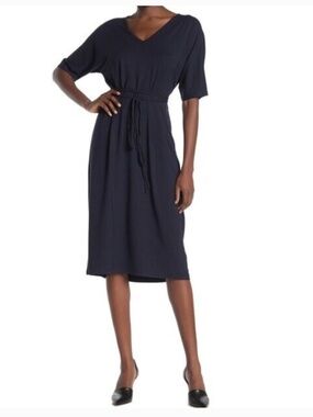 VINCE Short Sleeve Tie Waist Midi Stretch Jersey Dress Navy Blue Size Medium